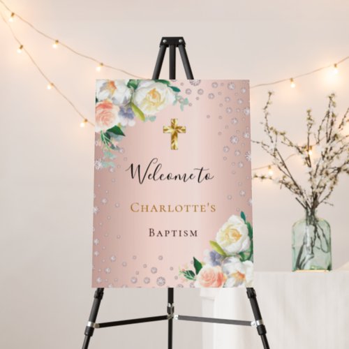 Baptism rose gold pink florals girl welcome foam board