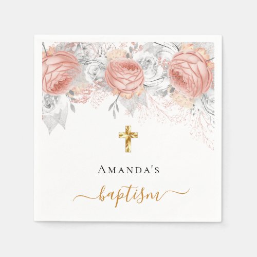 Baptism rose gold white flowers elegant name girl napkins