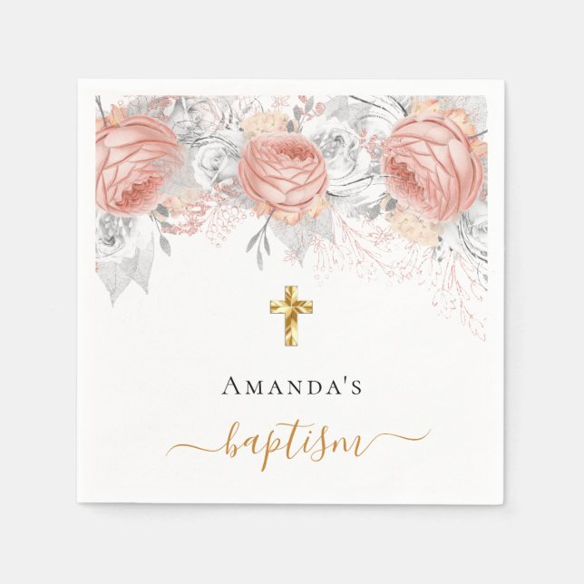 Baptism rose gold white flowers elegant name girl napkins (Front)