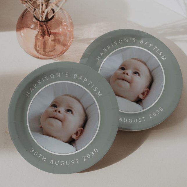 Baptism Round Photo Sage Paper Plates (Zazzle Baptism Round Photo Sage Paper Plates)