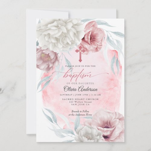 BAPTISM Rustic Blush Pink Ivory Flowers Invitation