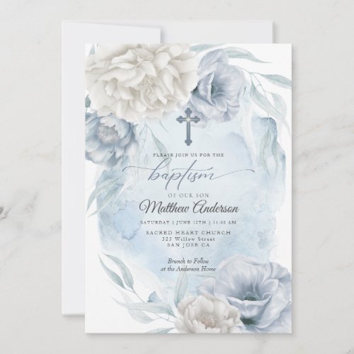 BAPTISM Rustic Dusty Blue Ivory Flowers Invitation