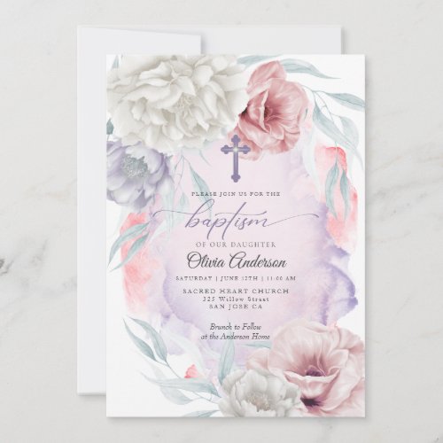 BAPTISM Rustic Flowers Blush Lilac Ivory Invitation
