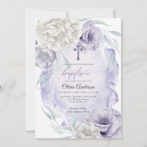 BAPTISM Rustic Flowers Lilac Ivory Invitation