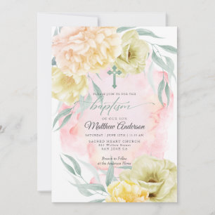 BAPTISM Rustic Ivory Coral Yellow Floral Invitation