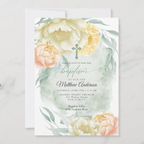 BAPTISM Rustic Ivory Lemon Yellow Floral Invitation