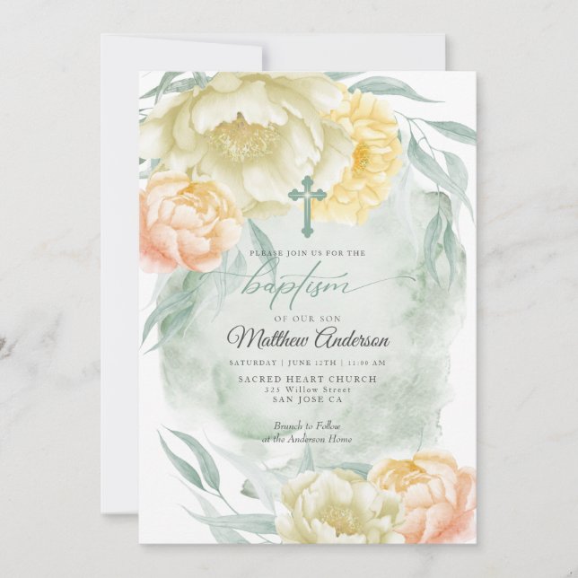 BAPTISM Rustic Ivory Sunny Yellow Floral Invitation (Front)