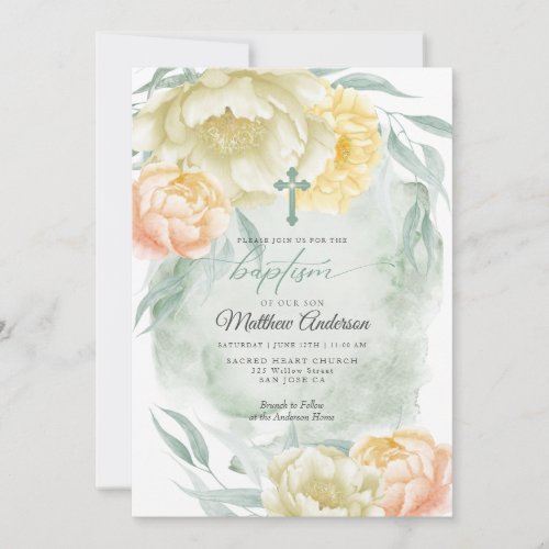 BAPTISM Rustic Ivory Sunny Yellow Floral Invitation