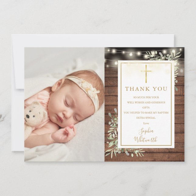 Baptism Rustic String Lights Greenery Photo Thank You Card (Front)