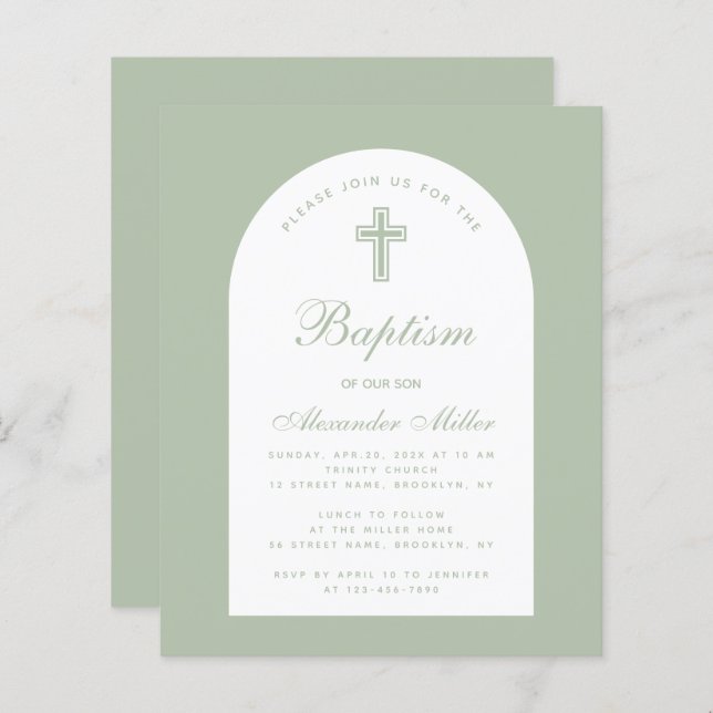 Baptism Sage Budget Arch Green Script Invitation (Front/Back)