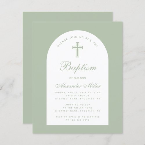 Baptism Sage Budget Arch Green Script Invitation