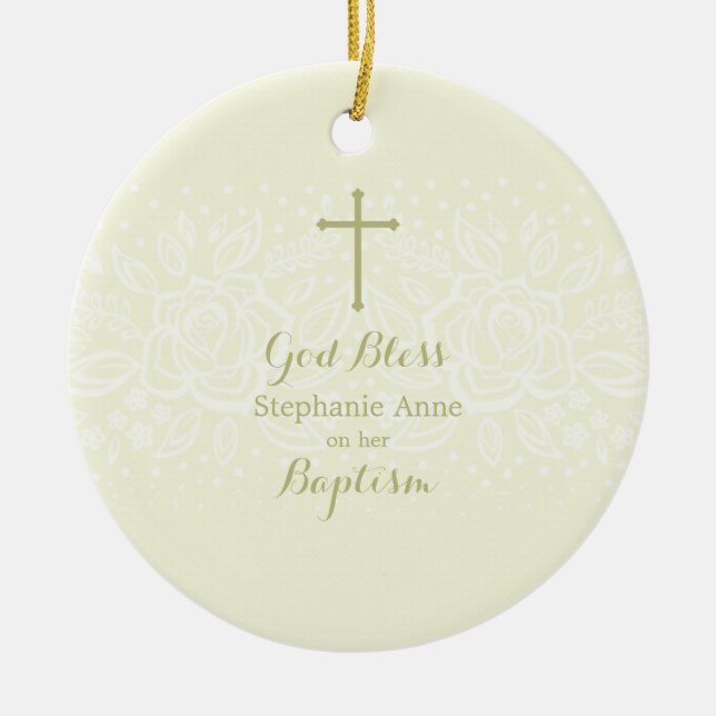 Baptism Sage Delicate Floral Lace Ceramic Ornament (Front)