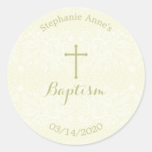 Baptism Sage Delicate Floral Lace Classic Round Sticker