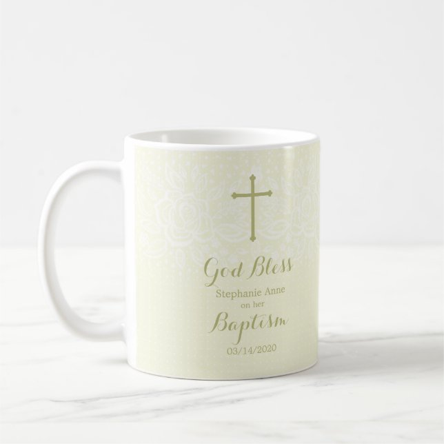 Baptism Sage Delicate Floral Lace Coffee Mug (Left)