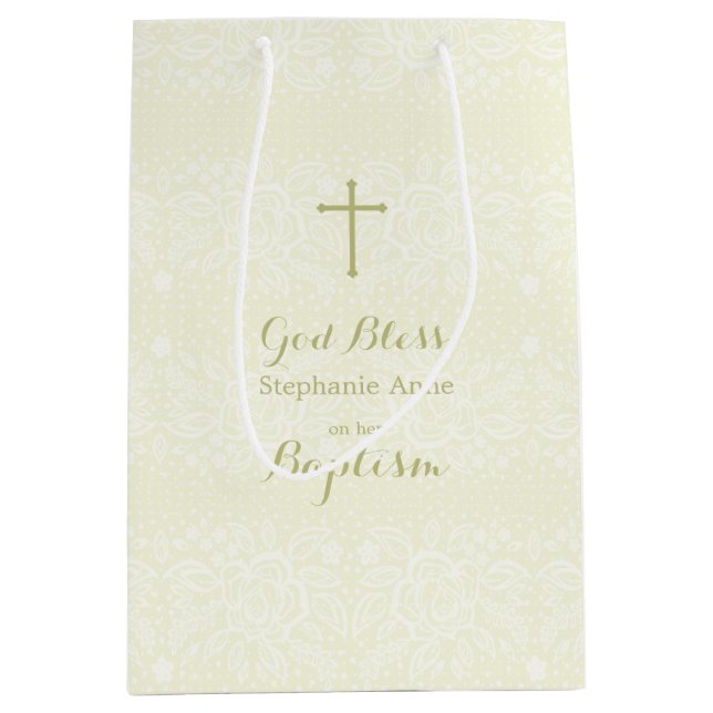 Baptism Sage Delicate Floral Lace Medium Gift Bag (Front)
