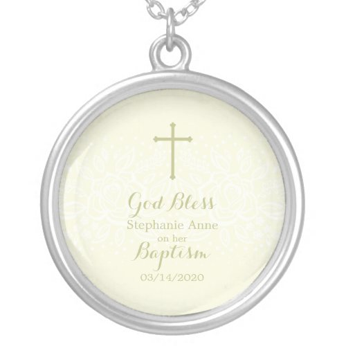 Baptism Sage Delicate Floral Lace Silver Plated Necklace