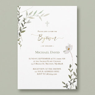 Baptism sage green watercolor foliage  invitation