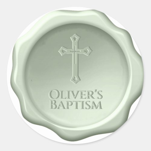 Baptism Sage Wax Seal Embossed Cross  Name Green
