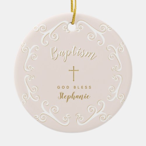 Baptism Scrolls in Pink and Gold Ceramic Ornament