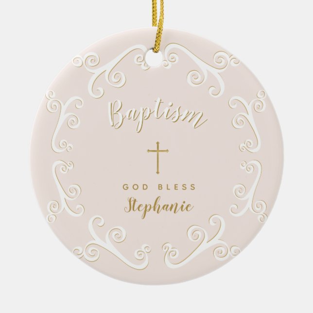 Baptism Scrolls in Pink and Gold Ceramic Ornament (Front)