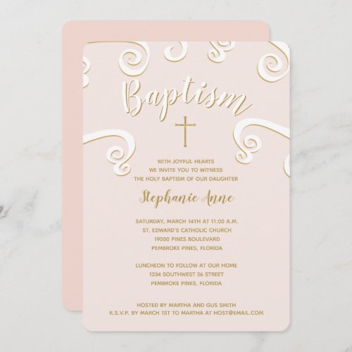 Baptism Scrolls in Pink and Gold Invitation