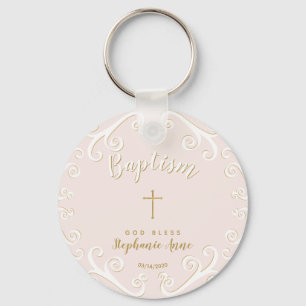 Baptism Scrolls in Pink and Gold Keychain