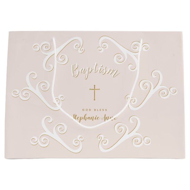 Baptism Scrolls in Pink and Gold Large Gift Bag (Front)