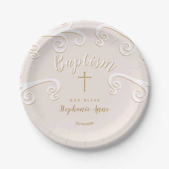 Baptism Scrolls in Pink and Gold Paper Plates (Front)