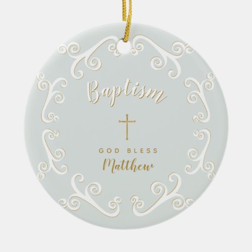 Baptism Scrolls in Powder Blue and Gold Ceramic Ornament