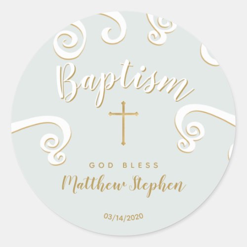 Baptism Scrolls in Powder Blue and Gold Classic Round Sticker