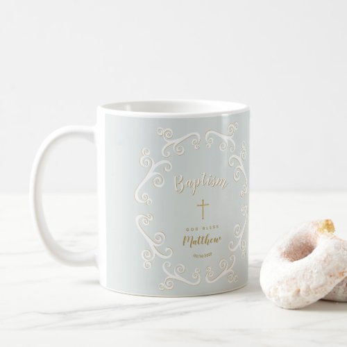 Baptism Scrolls in Powder Blue and Gold Coffee Mug