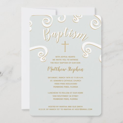 Baptism Scrolls in Powder Blue and Gold Invitation