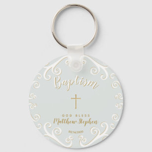 Baptism Scrolls in Powder Blue and Gold Keychain