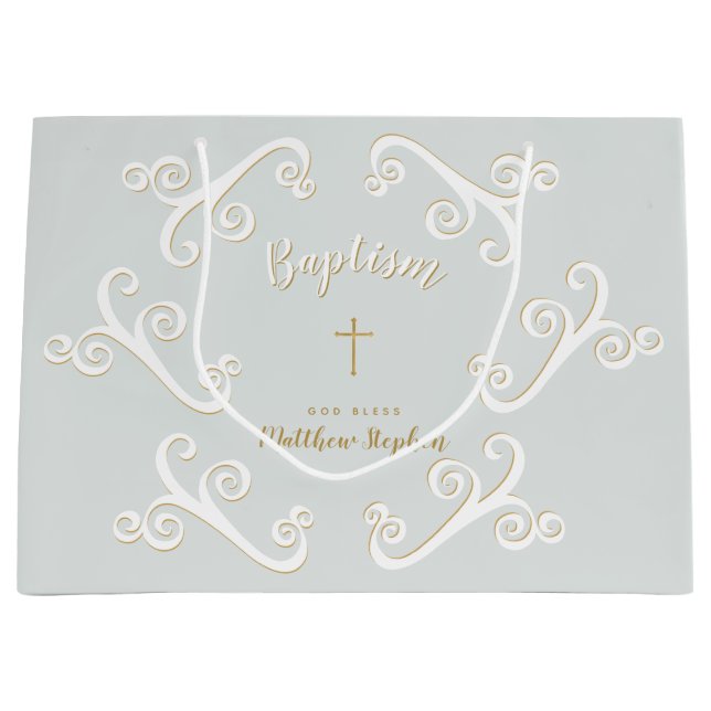 Baptism Scrolls in Powder Blue and Gold Large Gift Bag (Front)