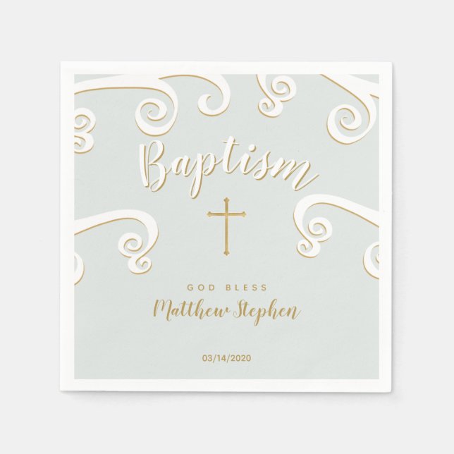 Baptism Scrolls in Powder Blue and Gold Paper Napkins (Front)