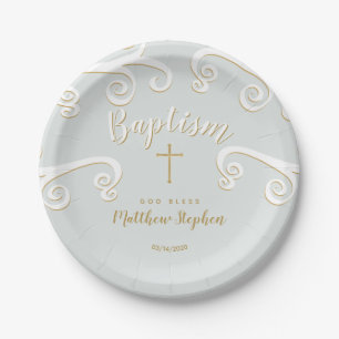 Baptism Scrolls in Powder Blue and Gold Paper Plates