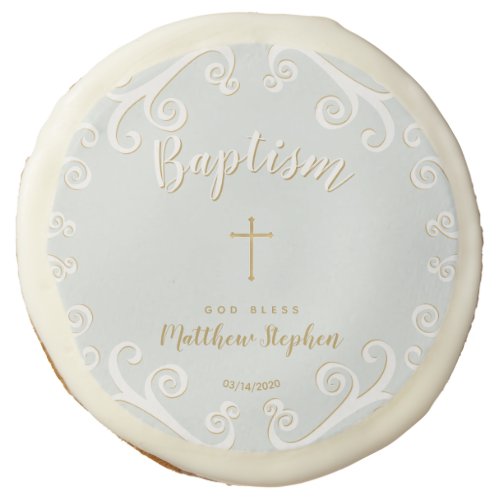 Baptism Scrolls in Powder Blue and Gold Sugar Cookie