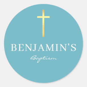 BAPTISM SEAL modern slim gold cross aqua sky blue