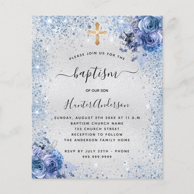 Baptism silver blue boy floral budget invitation (Front)