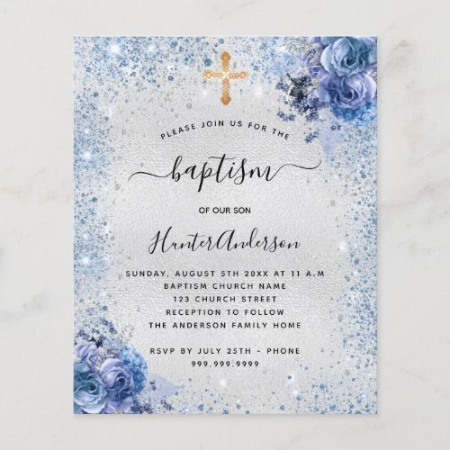 Baptism silver blue boy floral budget invitation