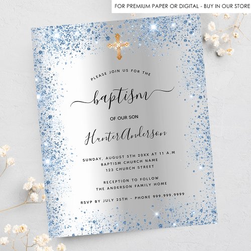 Baptism silver blue boy glitter budget invitation flyer