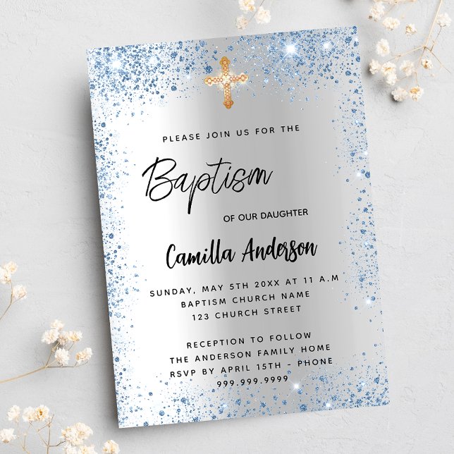Baptism silver blue boy glitter cross invitation (Creator Uploaded)