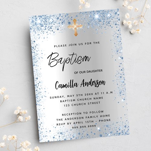 Baptism silver blue boy glitter cross invitation postcard