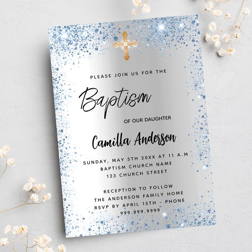 Baptism silver blue boy glitter cross luxury invitation