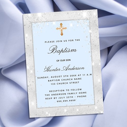 Baptism silver blue boy sparkles script invitation postcard