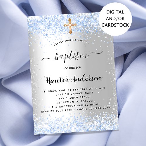 Baptism silver blue confetti baby boy invitation