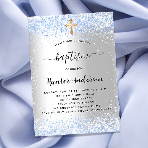 Baptism silver blue confetti baby boy invitation postcard