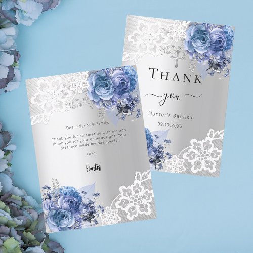 Baptism silver blue floral lace boy thank you card