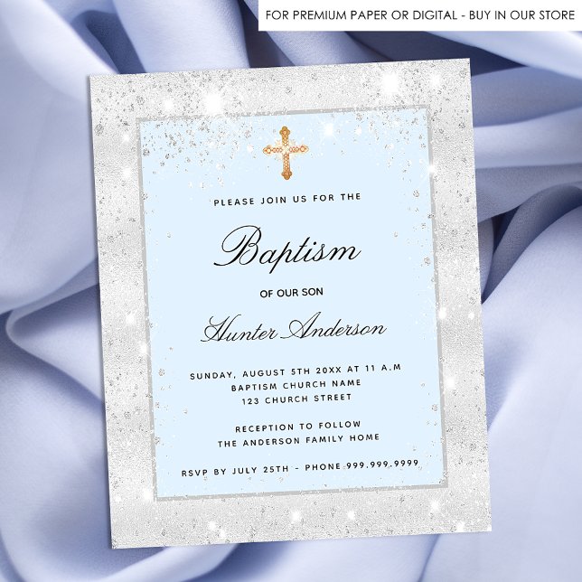 Baptism silver blue glitter boy budget invitation flyer (Creator Uploaded)