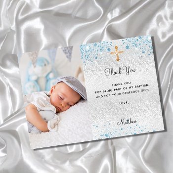 Baptism Silver Blue Photo Boy Thank You Card by Thunes at Zazzle